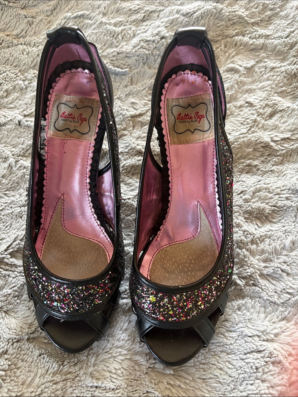 Bettie Page Black Peep-Toe Heels with Multicolor Glitter